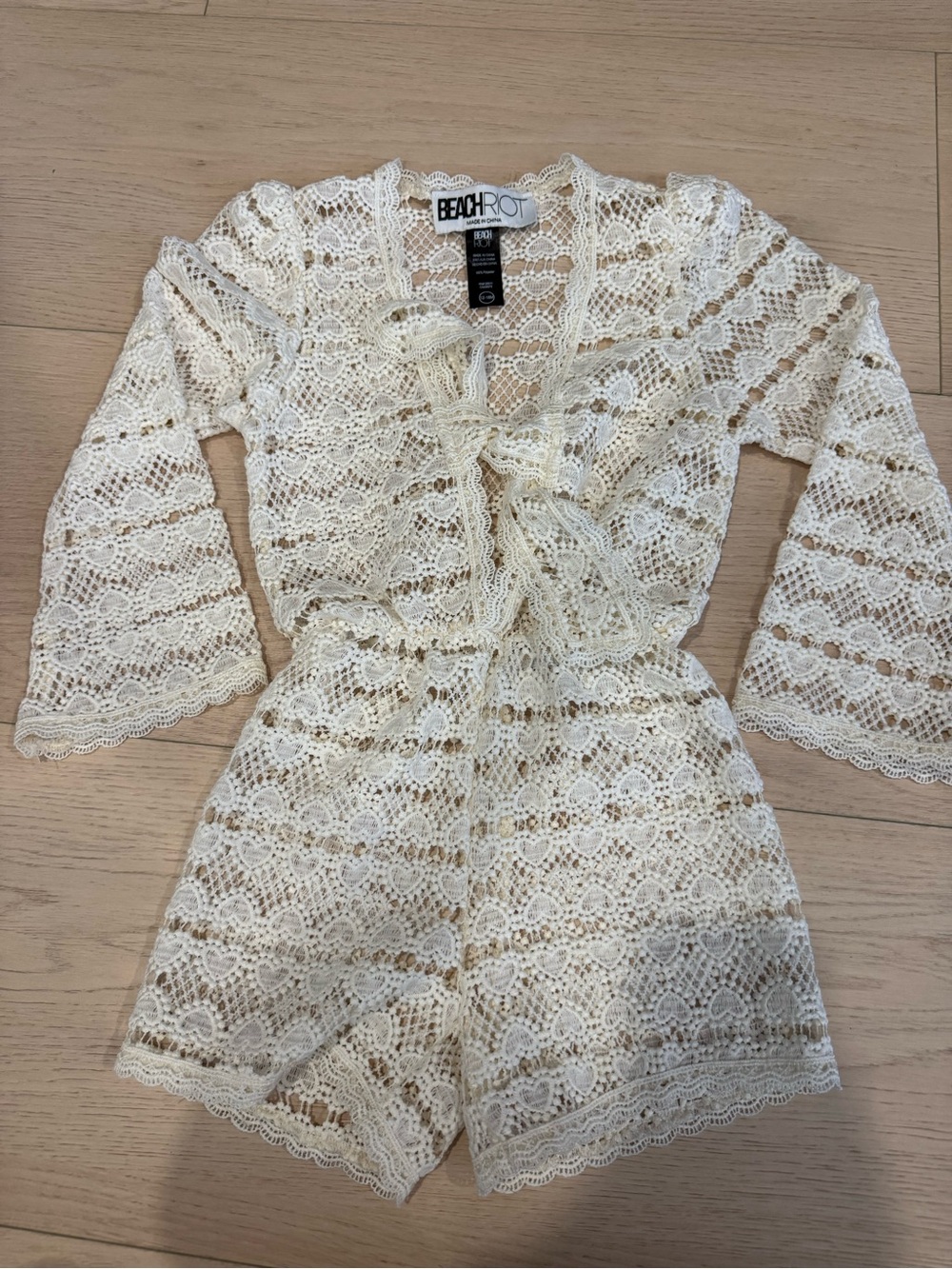 Beach Riot Cream Lace Girls' Romper with Tie Front | 12-18 months
